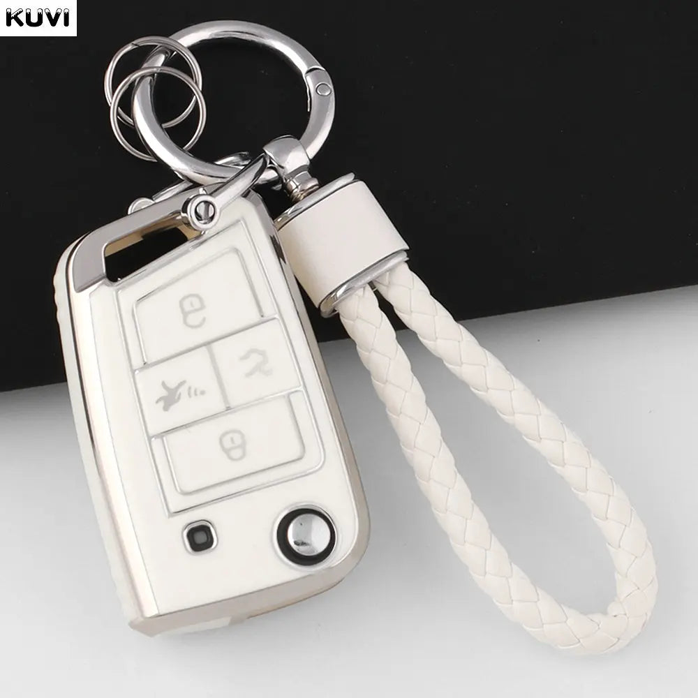 A white TPU car key fob cover for VW, Skoda, Seat & Audi with a metal keyring attached.