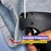 A close-up of a black mini sewing gun being used to attach fabric, showing invisible fasteners on the garment.