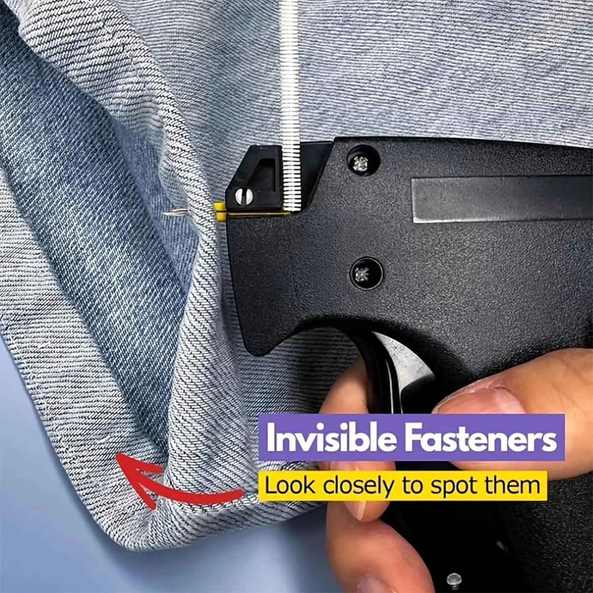 A close-up of a black mini sewing gun being used to attach fabric, showing invisible fasteners on the garment.