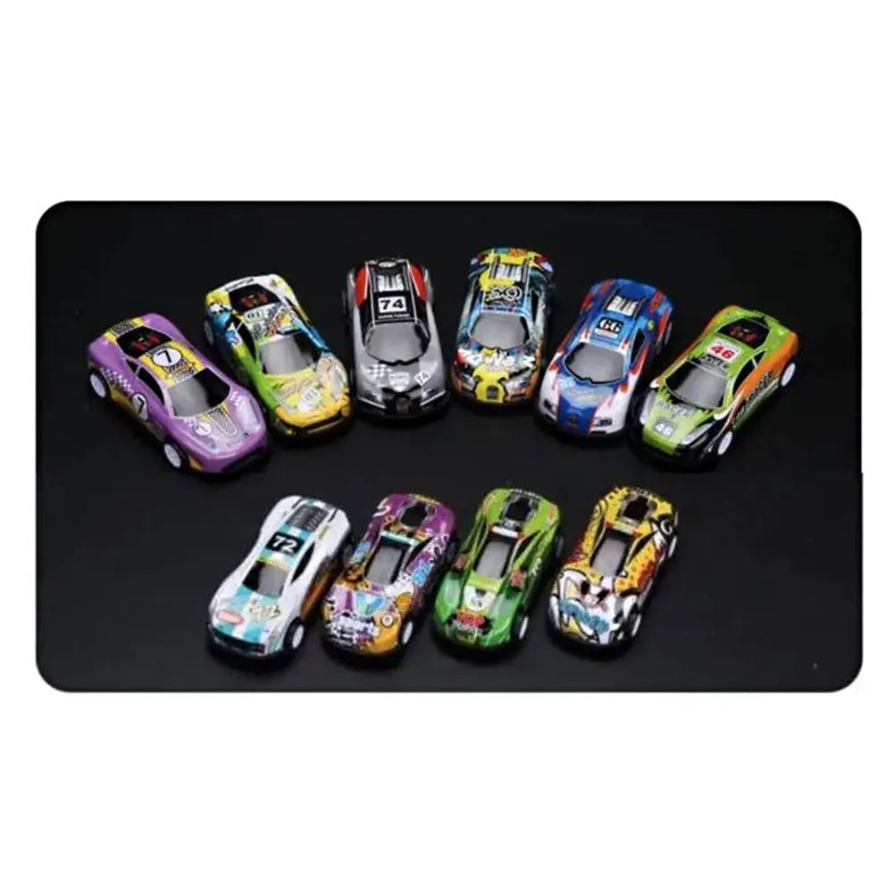 A collection of ten die-cast pull-back cars in various colors and designs displayed on a black surface.