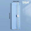 A blue A4 mini paper trimmer with a precision cutter shown vertically against a light blue background.
