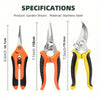 A set of three stainless steel garden shears with ergonomic handles in orange, black, and yellow.