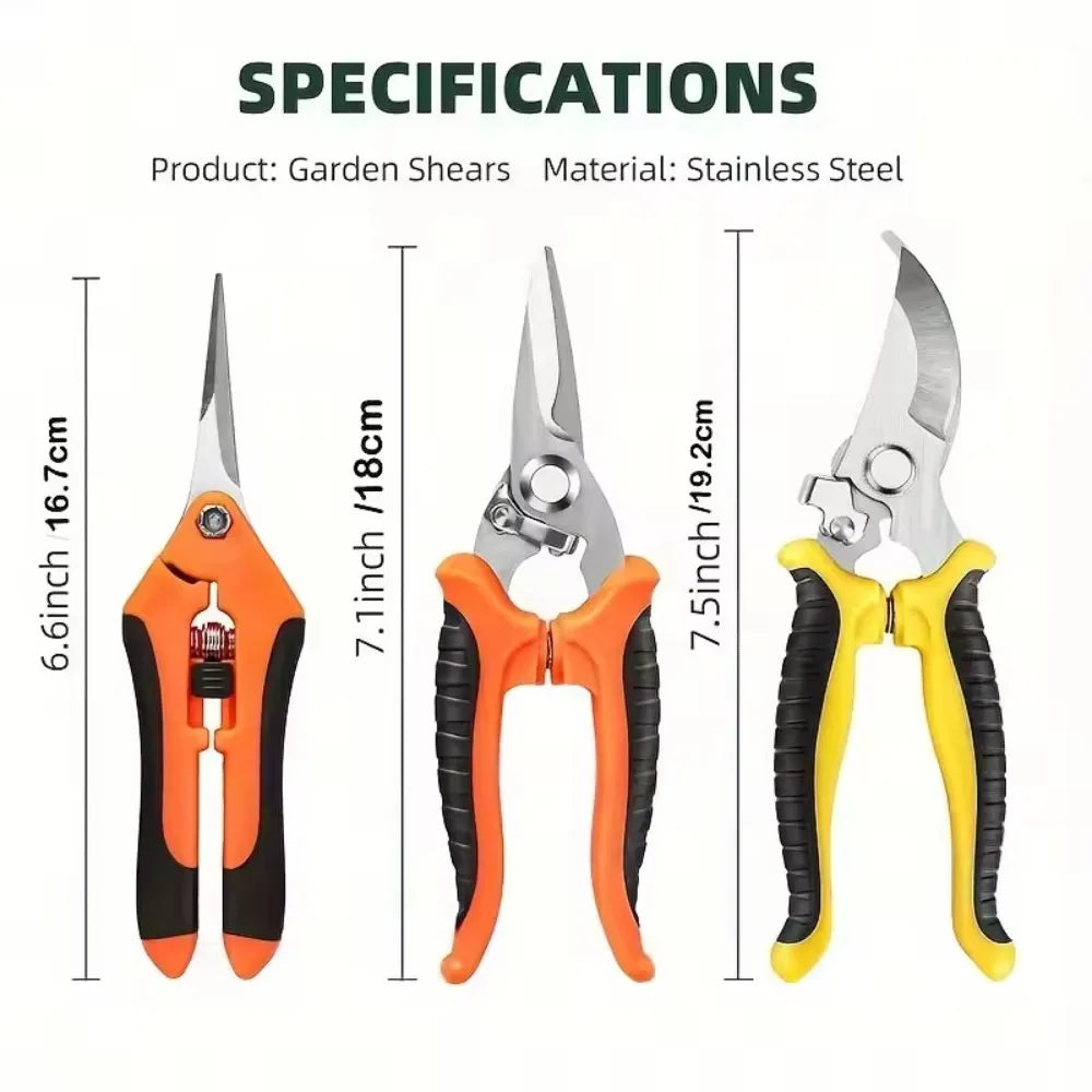 A set of three stainless steel garden shears with ergonomic handles in orange, black, and yellow.