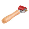 A hand tool with a wooden handle and a red silicone seam roller for welding and waterproofing.