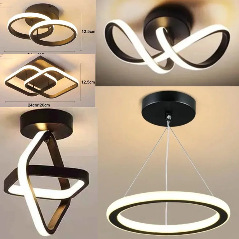 A modern black LED ceiling light fixture with a white, stylized clover design shown from multiple angles.