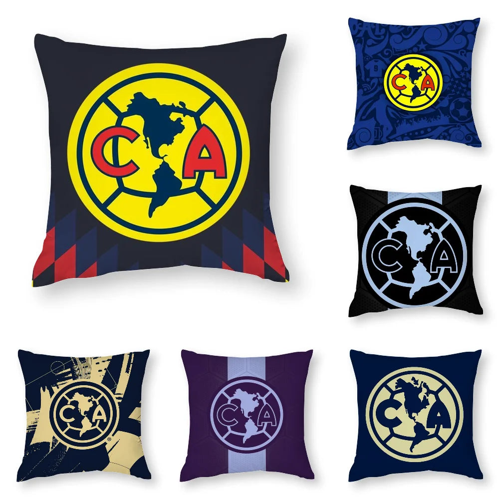 A set of five decorative pillowcases featuring the Club America logo in various colors and designs.