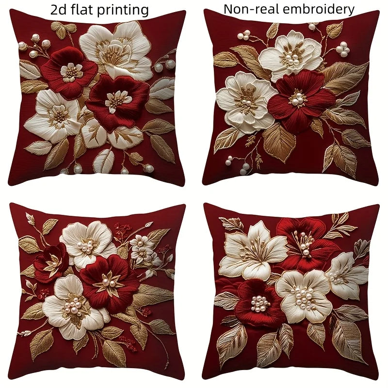 Three decorative pillowcases featuring red and white floral embroidery designs.