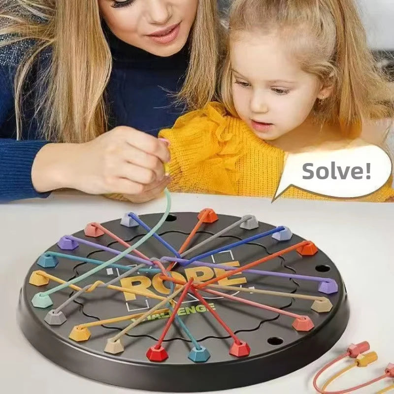 A family is shown solving a Rope Untangle Puzzle, a brain teaser for kids and family.