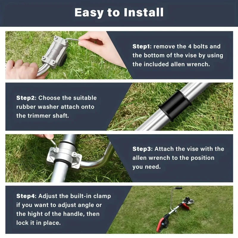 Instructions show how to easily install a vise attachment onto a trimmer shaft using an allen wrench.
