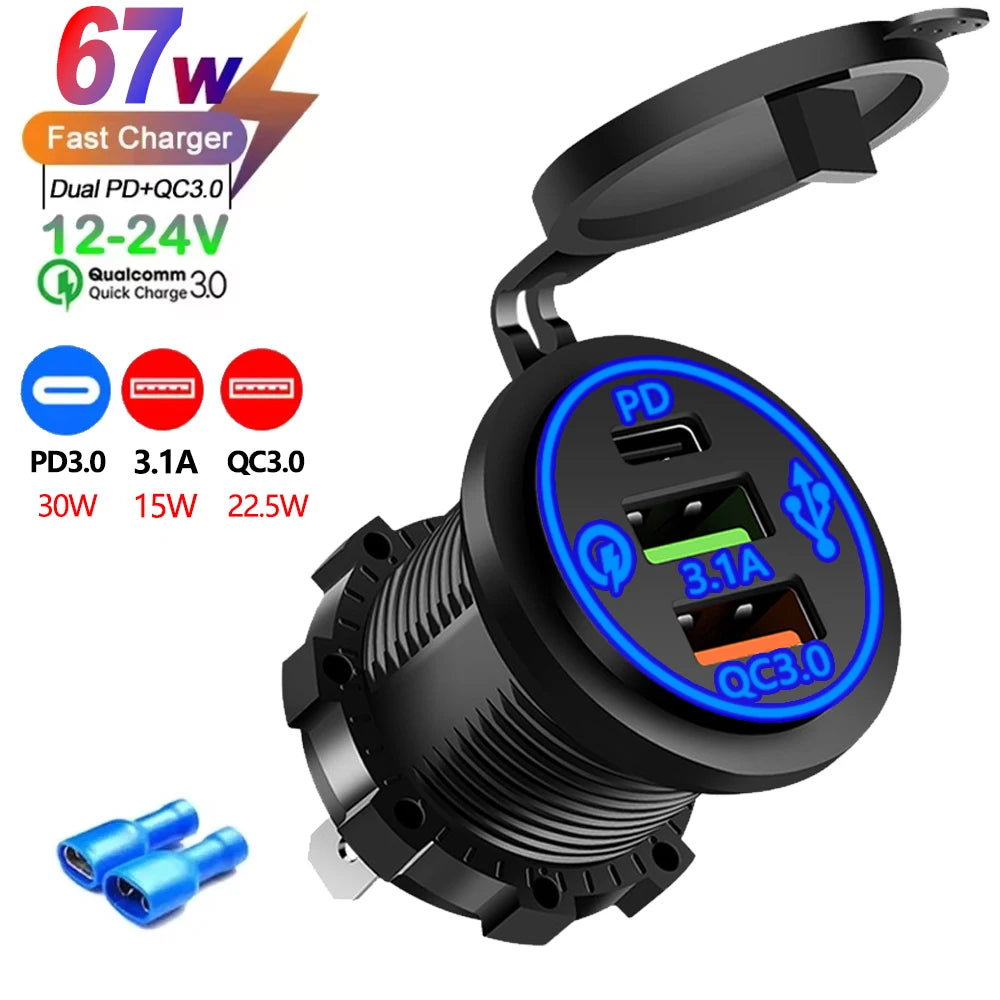 A black car charger with a LED display showing PD and QC3.0 charging capabilities and a voltmeter.