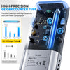 Close-up of a high-precision Geiger counter tube with detailed technical specifications and components.