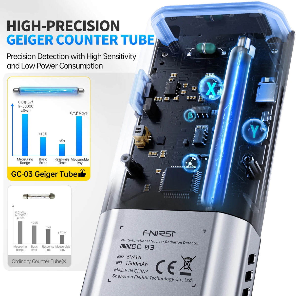 Close-up of a high-precision Geiger counter tube with detailed technical specifications and components.