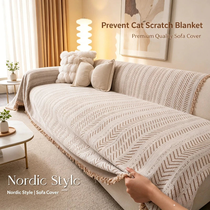 A beige woven blanket designed to prevent cat scratches on a sofa, featuring a Nordic style pattern.