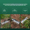A carbon steel garden weeding rake with an ergonomic handle shown in use for soil preparation and weed removal.