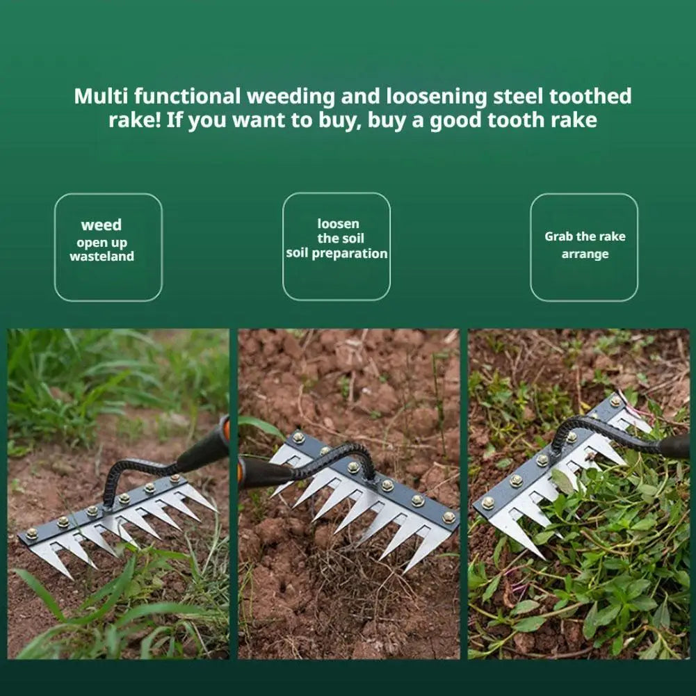 A carbon steel garden weeding rake with an ergonomic handle shown in use for soil preparation and weed removal.
