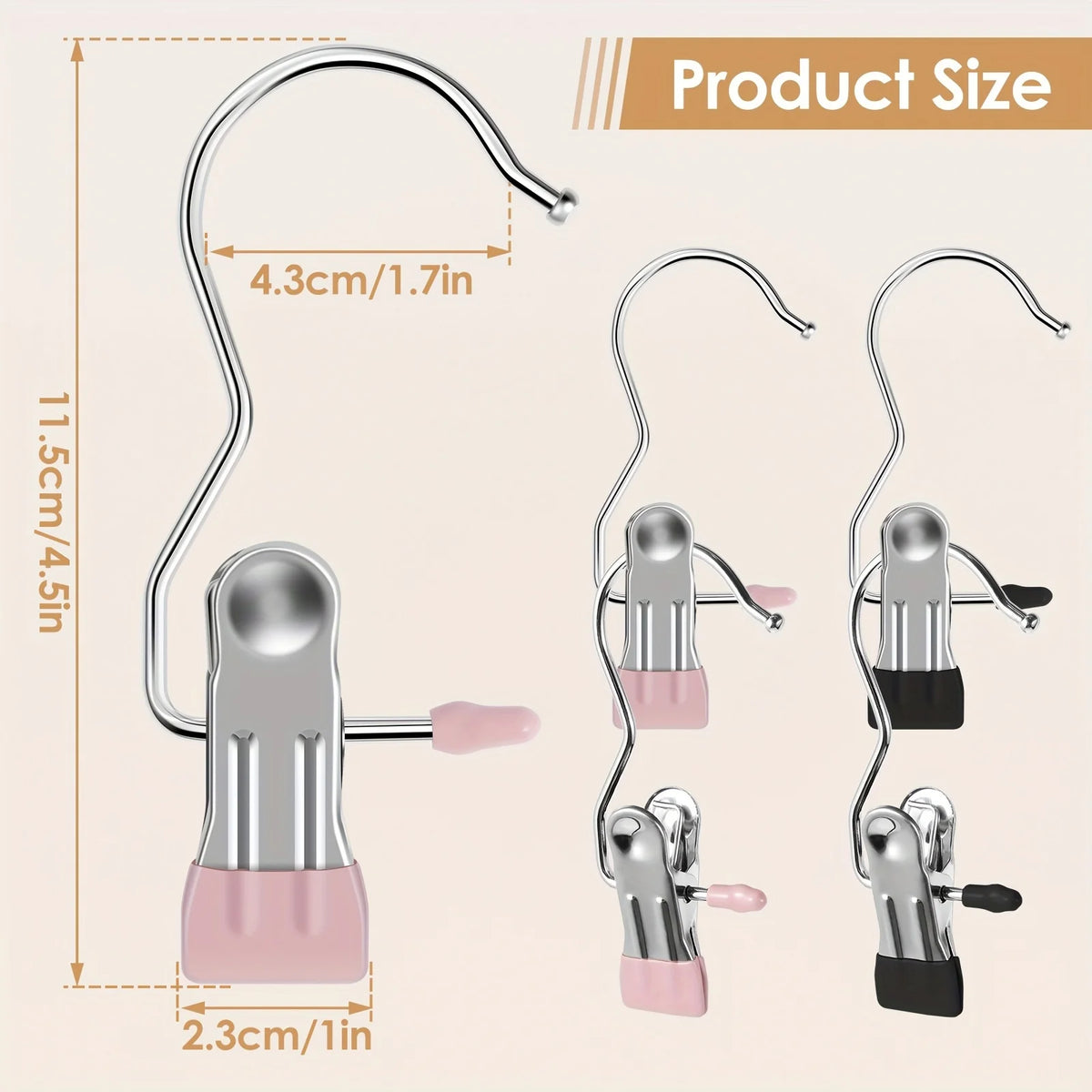Stainless steel clothespins with hooks shown in various sizes and angles for closet organization