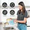 A woman is cleaning a stainless steel sink with a blue towel, surrounded by icons highlighting the product's features.