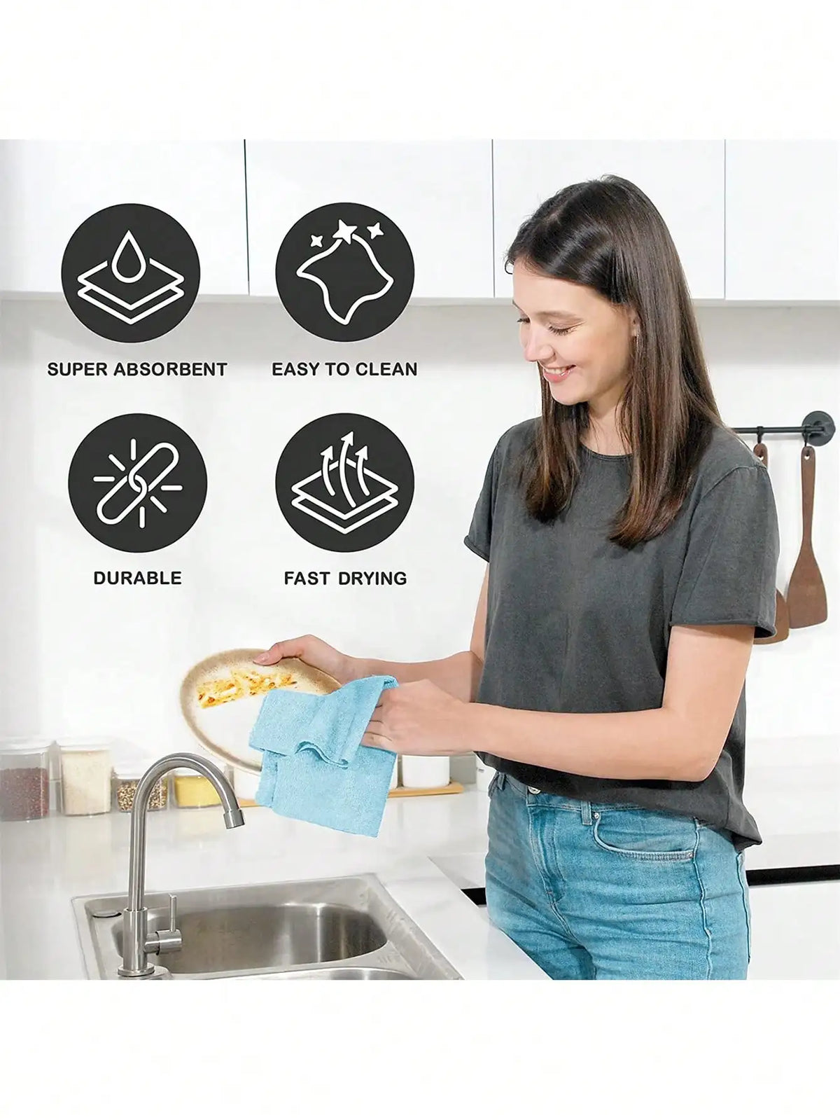 A woman is cleaning a stainless steel sink with a blue towel, surrounded by icons highlighting the product's features.