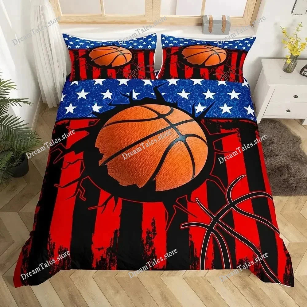 A red and black basketball themed duvet cover set featuring an American flag design.