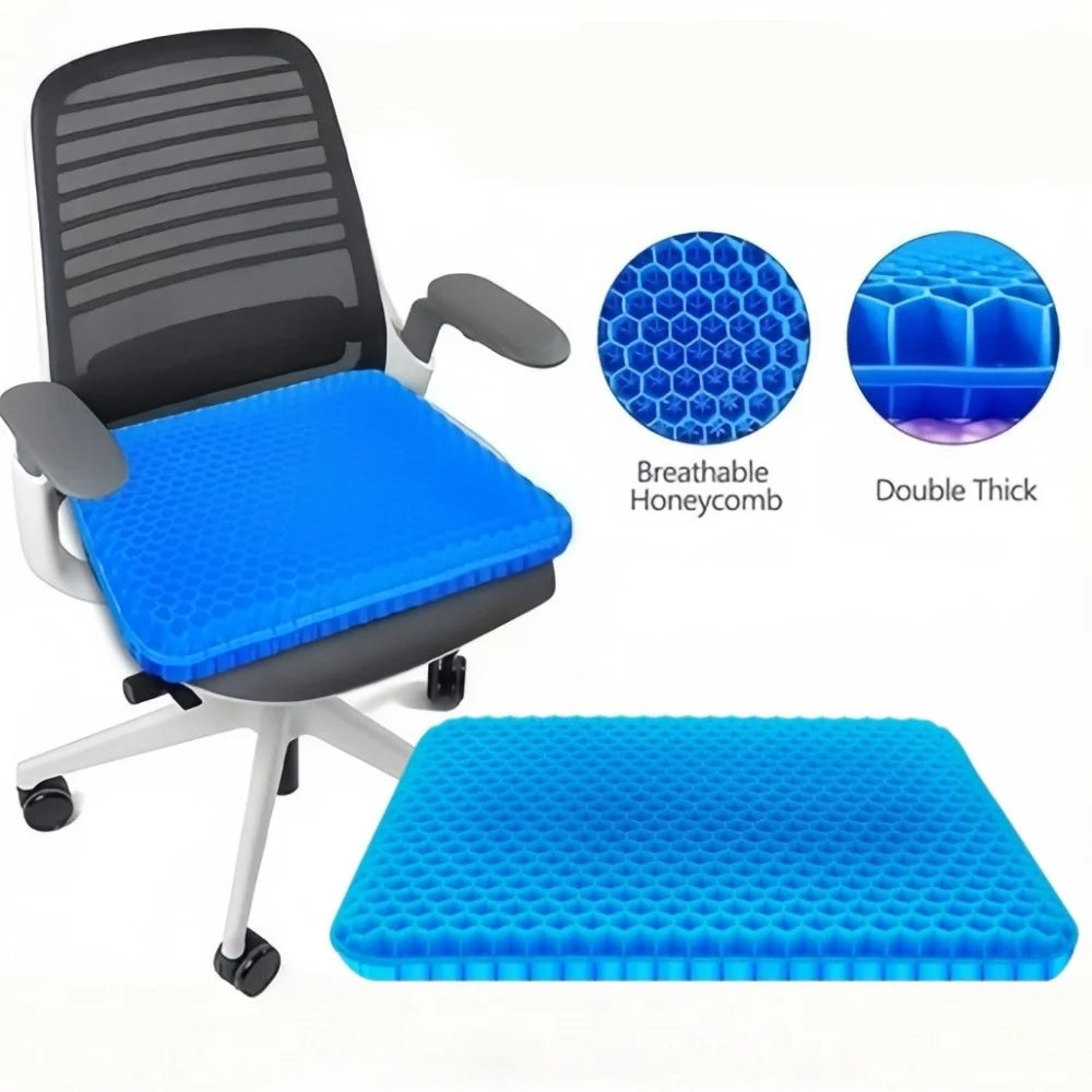 A silicone seat cushion is shown with a chair and detailed views of its honeycomb structure and thickness.