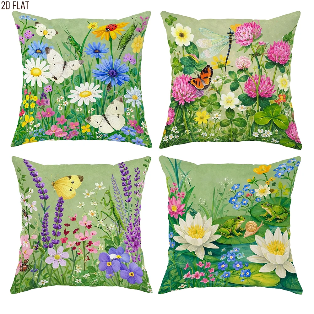 A set of four floral throw pillow covers featuring colorful wildflowers, butterflies, and insects on a green background.