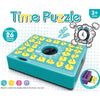 A blue Time Puzzle game board with yellow pieces and a timer, designed for kids.