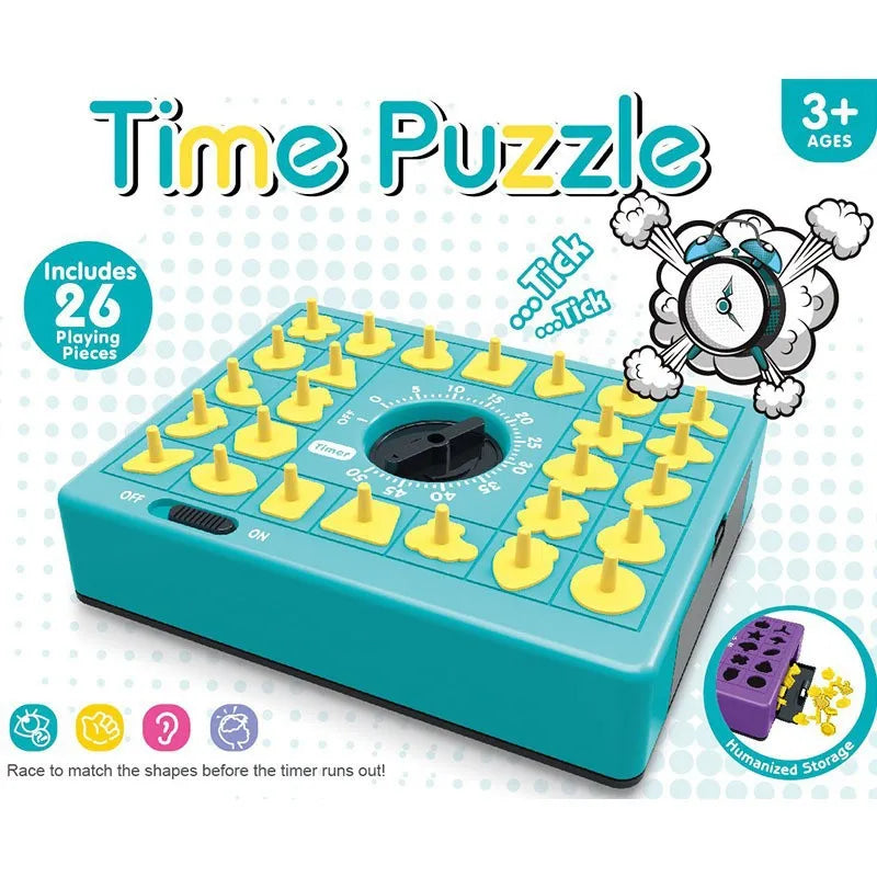 A blue Time Puzzle game board with yellow pieces and a timer, designed for kids.