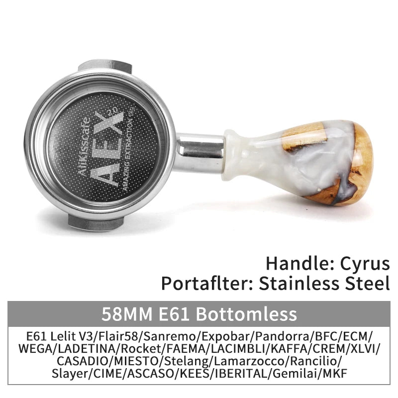 A 58mm stainless steel bottomless espresso portafilter for E61 machines featuring a unique handle design.