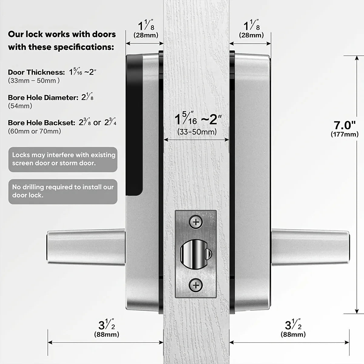 Gros plan d'une serrure moderne en argent installée sur une porte en bois blanc, montrant les dimensions et les détails d'ins