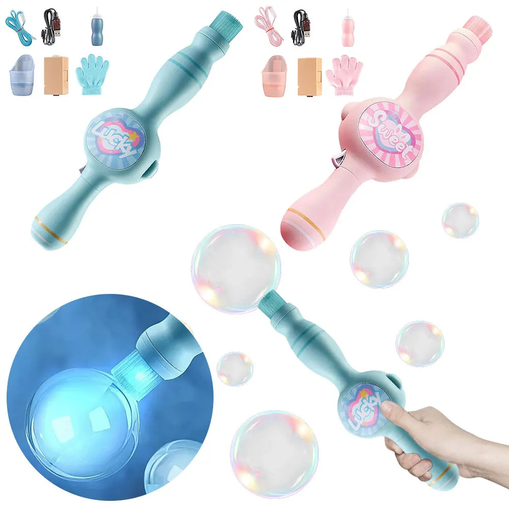 A collection of magic smoke bubble machines in various colors and designs with colorful lights.