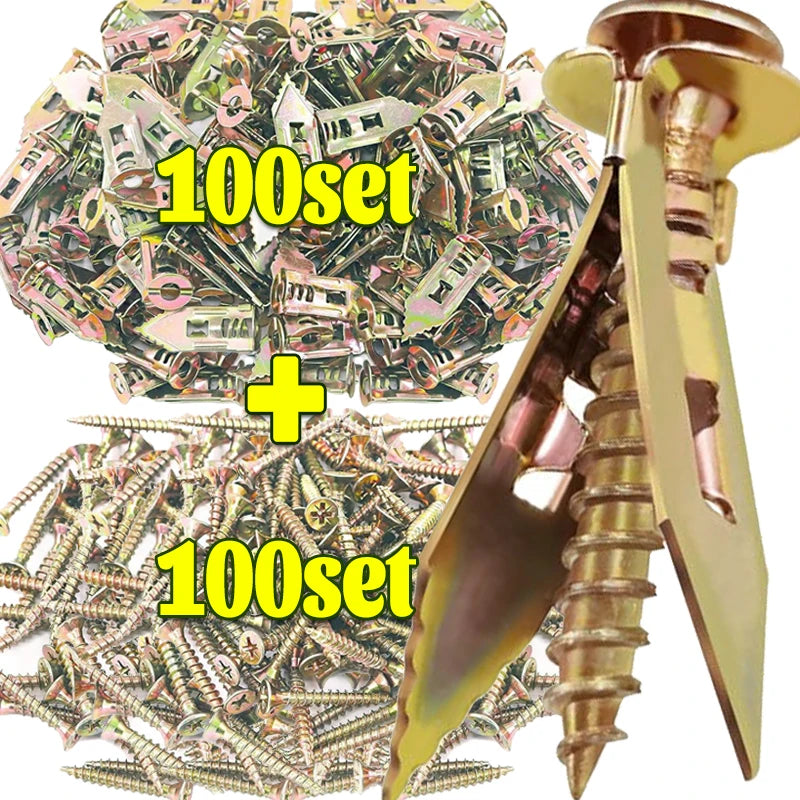 Set von schweren, selbstschneidenden Trockenbau-Ankern, inklusive 100 Schrauben und einem großen Ankerwerkzeug.