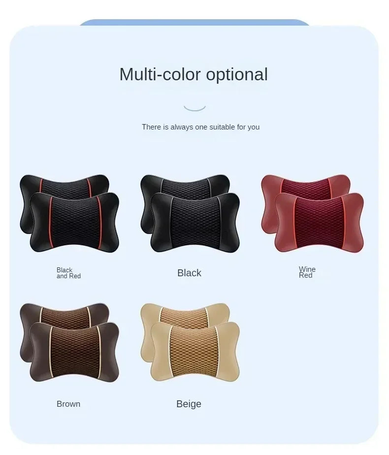 Una selección de reposacabezas y cojines de asiento de cuero multicolor en negro, rojo vino, marrón y beige.