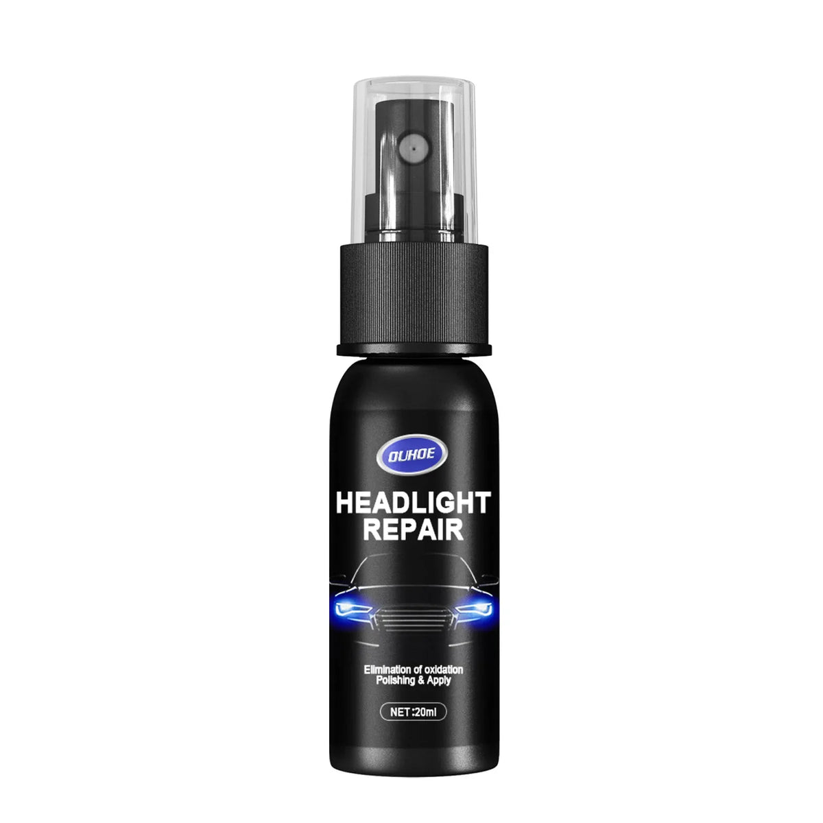 A black bottle of headlight repair spray with a clear nozzle and black cap.