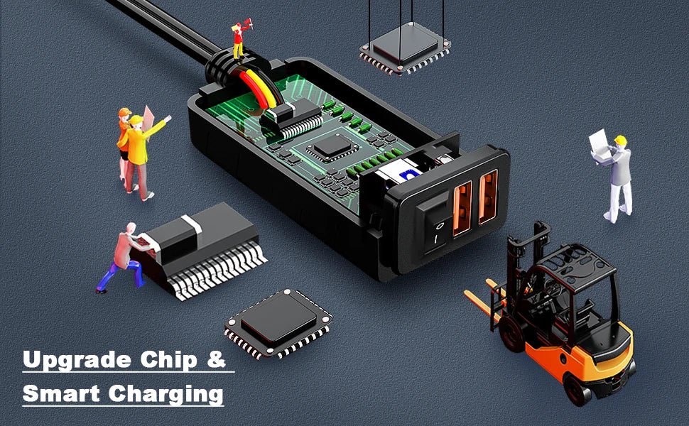 A diagram showing an upgrade chip and smart charging system for a motorcycle USB charger.