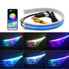 Smart RGB LED daytime running lights with app control featuring various colored light patterns.