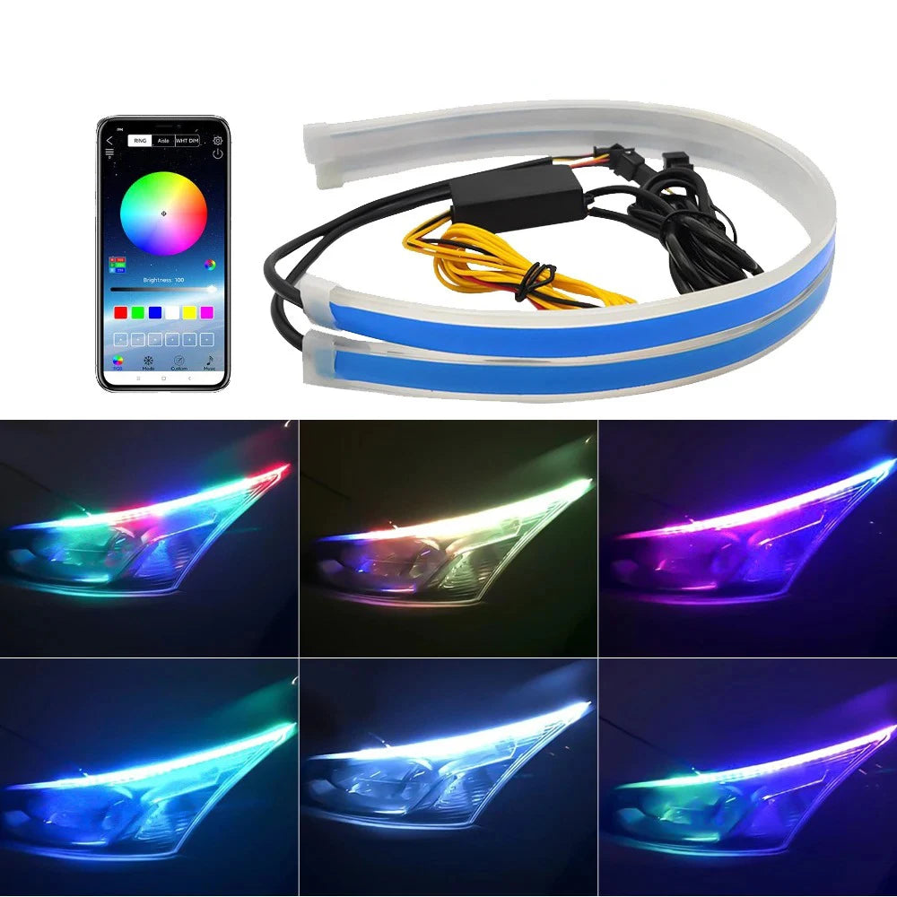 Smart RGB LED daytime running lights with app control featuring various colored light patterns.