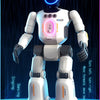 A white interactive gesture-control robot with blue lights is shown standing on a dark surface.