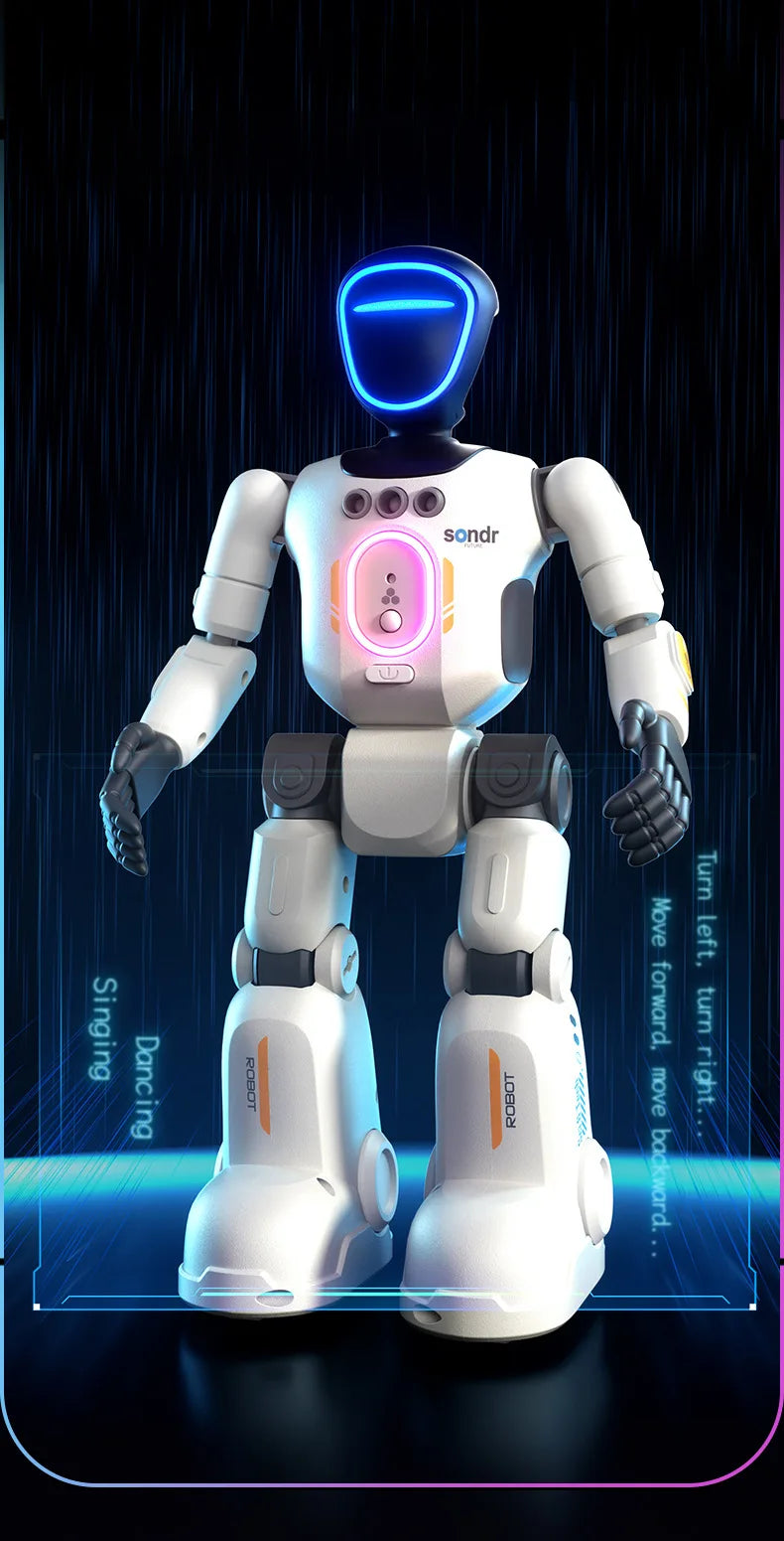 A white interactive gesture-control robot with blue lights is shown standing on a dark surface.