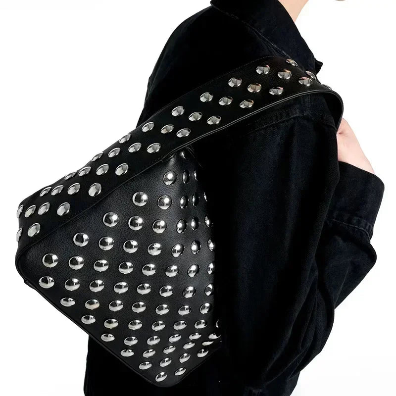 Black Rivet Shoulder Bag with Motorcycle Edge