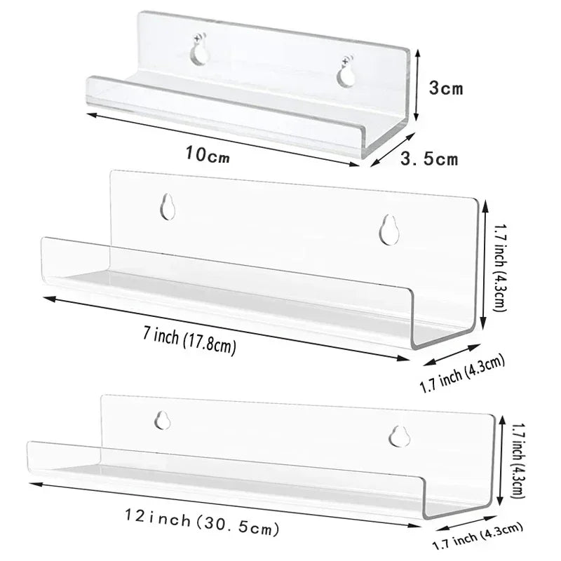 Clear acrylic floating wall display rack with multiple slots for records and collectibles
