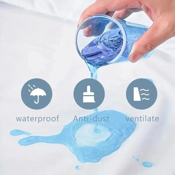 Una mano vierte líquido azul sobre una superficie blanca, demostrando las propiedades impermeables y anti-polvo de una protec