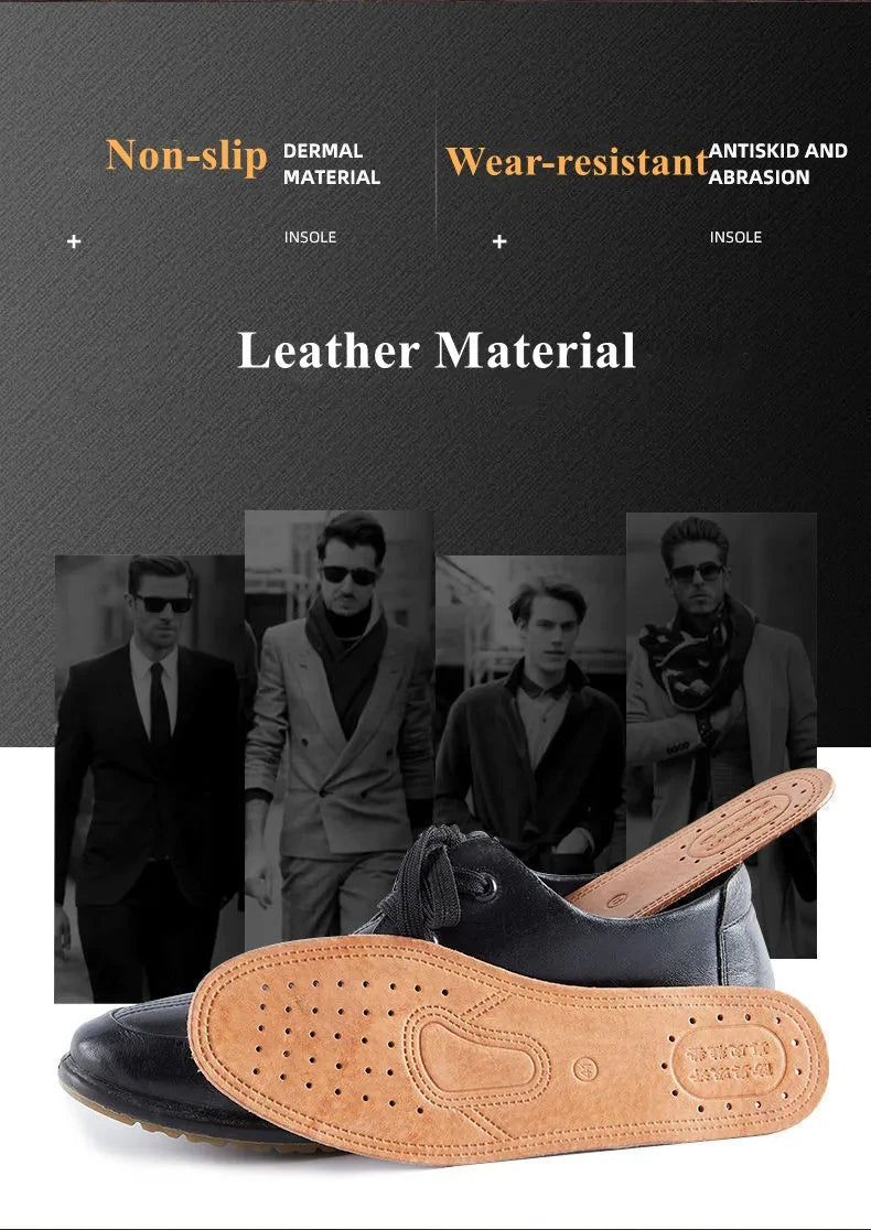 A pair of tan leather insoles for men shown next to various men's shoes and product features.