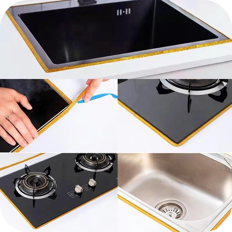 Close-up view of a black cooktop and stainless steel sink with decorative gold trim and self-adhesive tile gap tape.