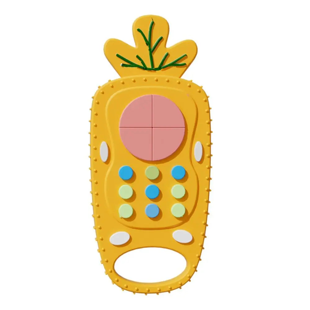 A yellow silicone teether toy shaped like a pineapple with a crown and buttons.