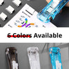 A hand holds a blue reusable push clamp stapler with various color options displayed on paper.