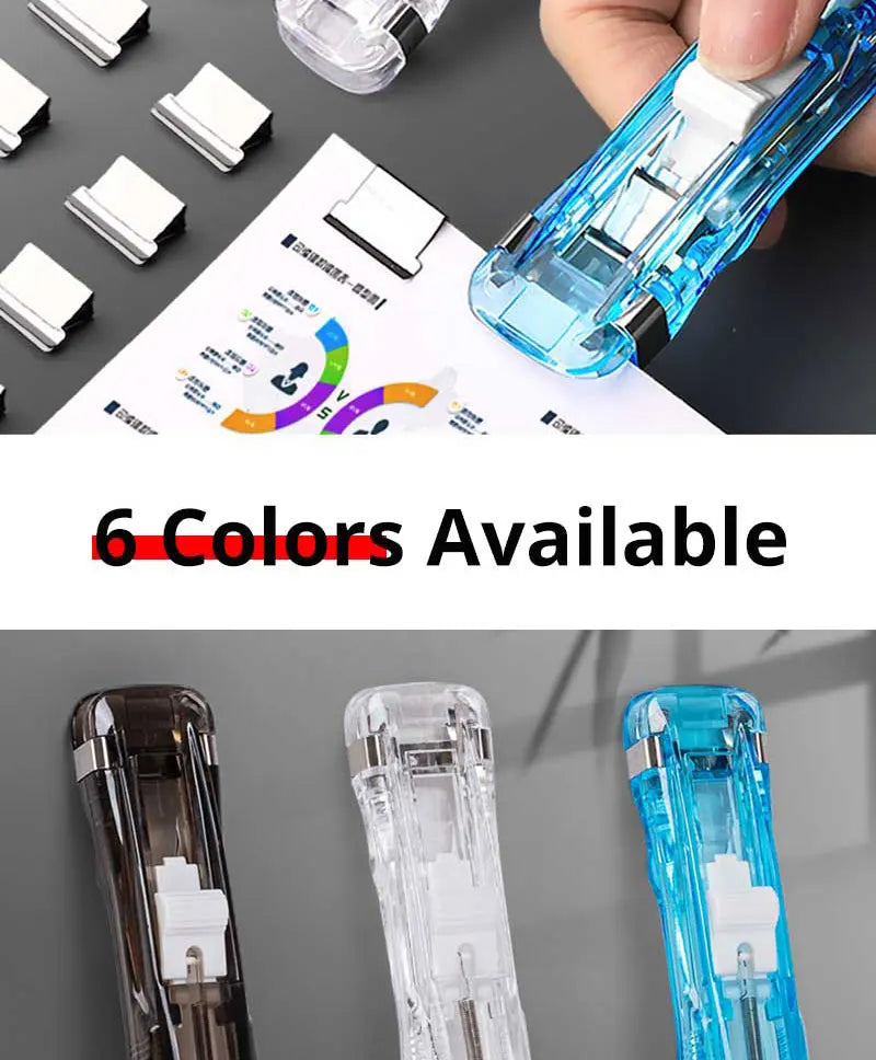 A hand holds a blue reusable push clamp stapler with various color options displayed on paper.