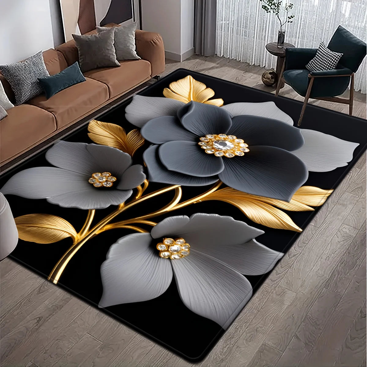 A black non-slip floor mat featuring a floral design with gray and gold leaves.