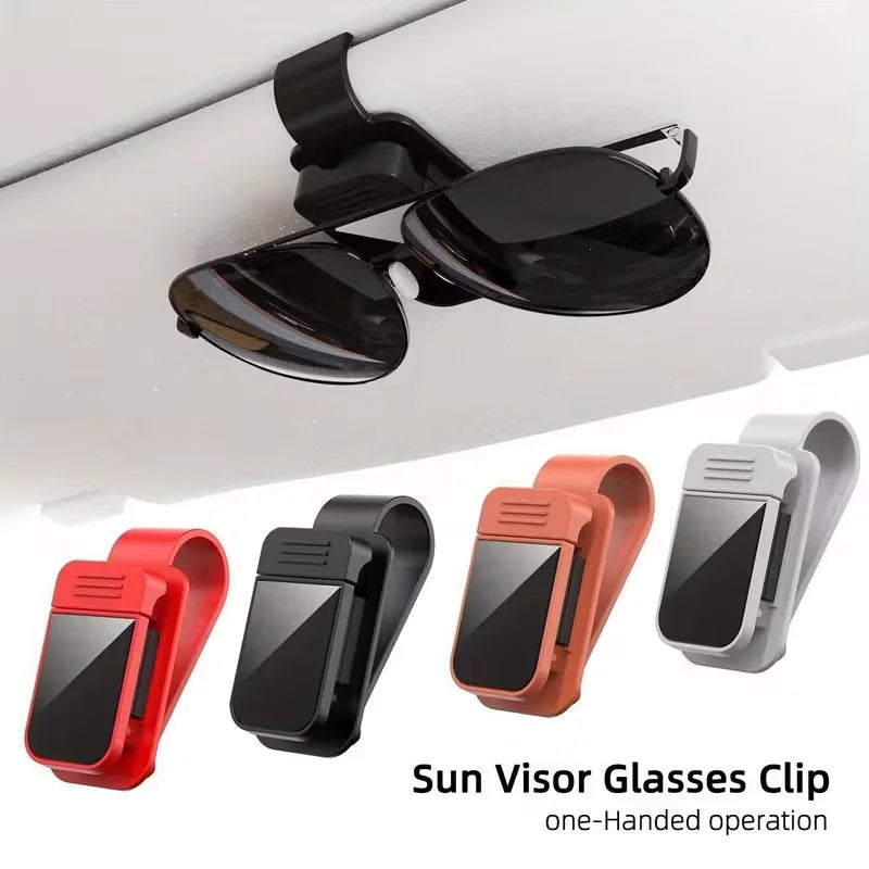 Set schwarze Sonnenbrillen-Klipse für einhändige Bedienung in verschiedenen Farben wie rot, schwarz und orange.