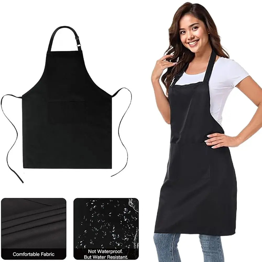 A woman models a black unisex water-resistant bib apron with two pockets.