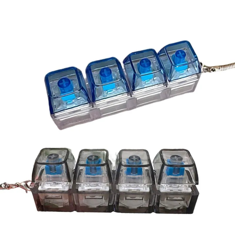 A set of clear plastic LED light-up keyboard keychains or fidget toys with blue lights.